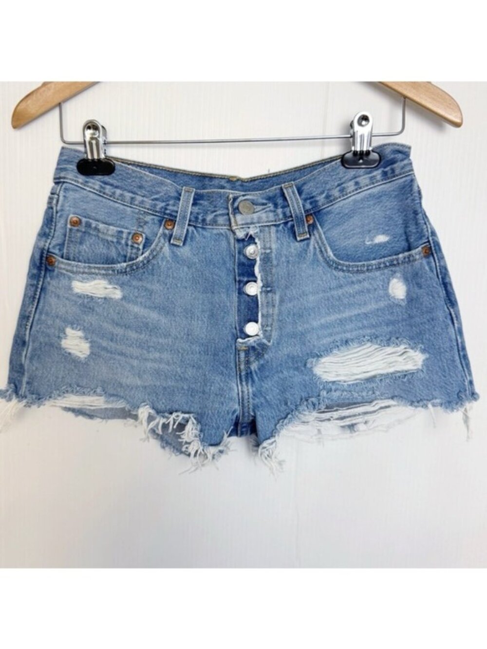 Levi's premium 501 Light Blue Distressed Jean Shorts Exposed button fly 26